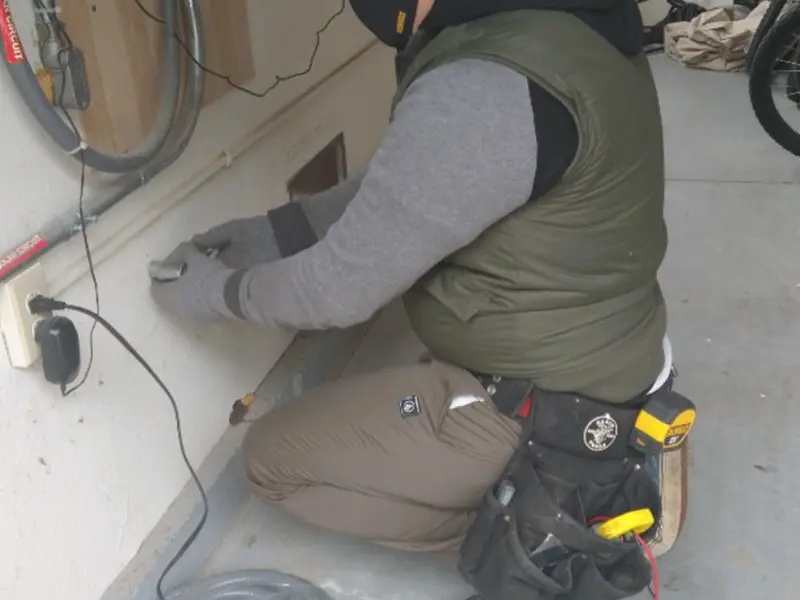 Electrician performing outlet wiring in a Bradford garage